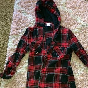 Red plaid button up with hoodie size XS